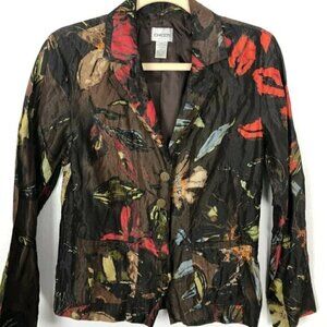 CHICO'S Silk Blend Semi Fitted Blazer Women's S Brown Coral Metallic Floral